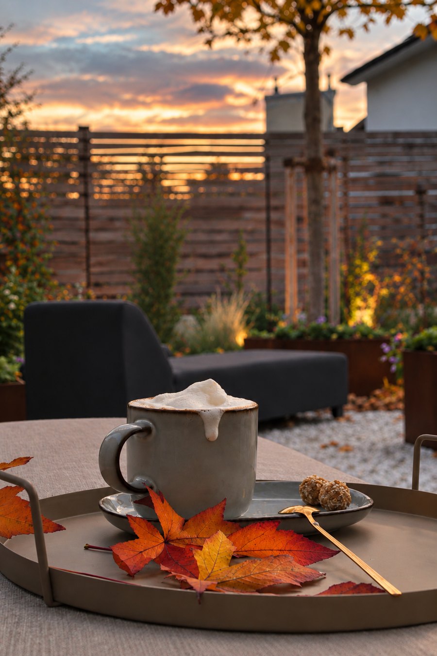 Tablett mit Kaffee und Herbstblättern auf der Terrasse bei Sonnenuntergang